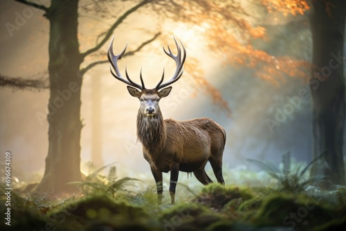 Red deer stag in the forest during rutting season  UK  A majestic Red Deer Cervus elaphus stag is seen in the morning mist in the UK  AI Generated