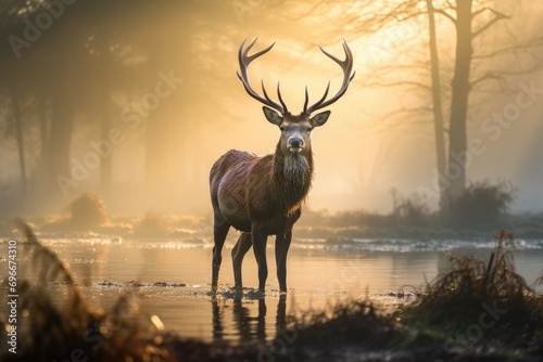 Red deer stag during rutting season in Autumn Fall, UK, A majestic Red Deer Cervus elaphus stag is seen in the morning mist in the UK, AI Generated © Iftikhar alam