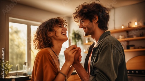 Portrait of a happy young couple dancing at home