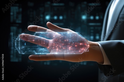 Close up of businesswoman hand touching with finger digital hologram screen  A medical doctor s hand engages with a modern computer interface  serving as a 3D rendering medical concept  AI Generated