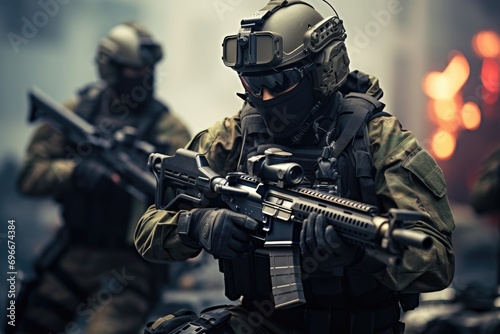 Special forces soldiers with assault rifle in action. Selective focus, A military special force equipped with futuristic tactical gear and weapons, Modern warfare infantry troops, AI Generated © Iftikhar alam