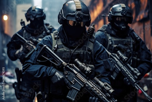 Photographie Special forces soldiers in uniform with assault rifles in action in the city, A