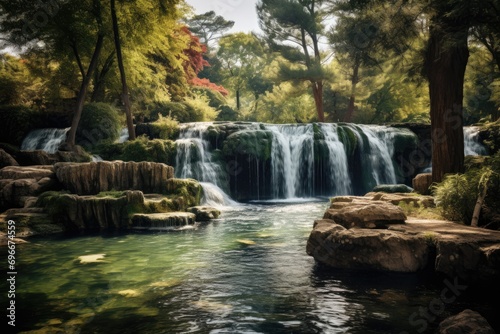 Beautiful waterfall in the park with soft focus and blurred background  A picturesque waterfall in the park  AI Generated