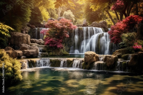 Beautiful waterfall in the forest. Nature background. Toned  A picturesque waterfall in the park  AI Generated