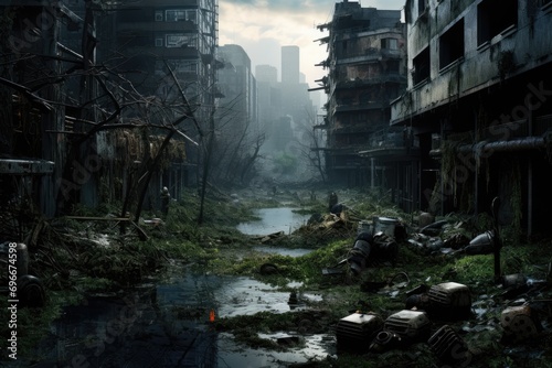 Scenery of an abandoned building in the middle of the jungle, A post-apocalyptic city, gloomy overgrown buildings, AI Generated