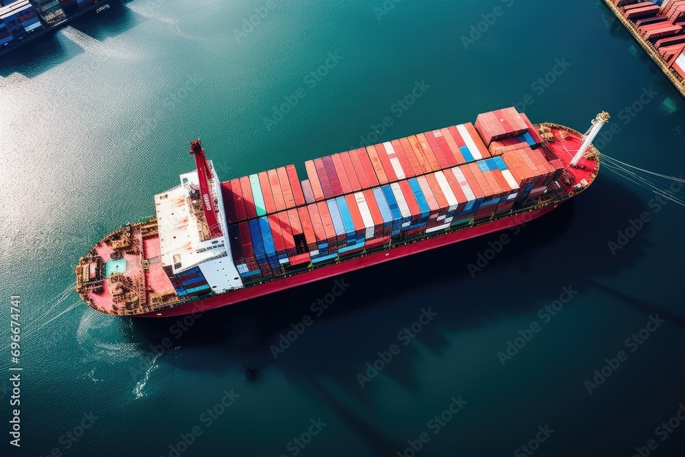 Fototapeta premium Aerial view of container cargo ship with working crane bridge for Logistic Import Export background, Container ship in the sea. Top view, AI Generated
