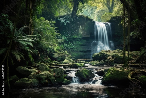 Waterfall in the rainforest of New Zealand. Toned, A tranquil waterfall in the forest, AI Generated