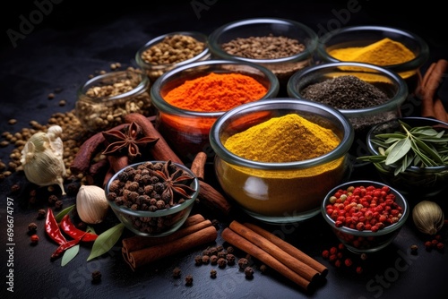 Spices and herbs on black background. Food and cuisine ingredients  A variety of spices in glass bowls and a mortar are arranged on a black slate background  AI Generated