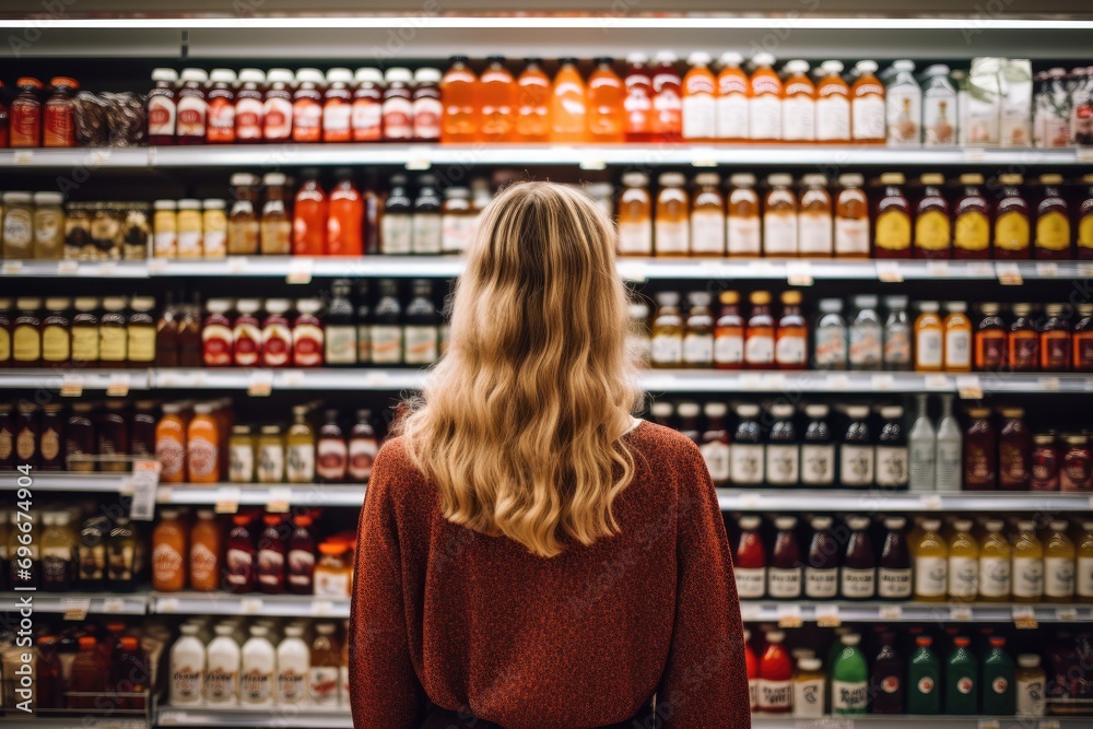 Blonde woman looking at bottles of whiskey in supermarket, back view, A woman comparing products in a grocery store, AI Generated