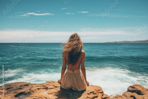 Young woman sitting on the edge of cliff and looking at the sea, A woman enjoying the view at the beach or ocean, AI Generated