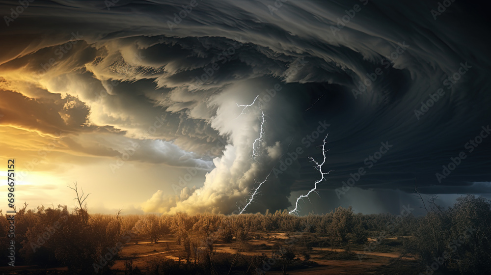 A Powerful Tornado Funnel Amidst Swirling Clouds in the Infinite Sky - obrazy, fototapety, plakaty 