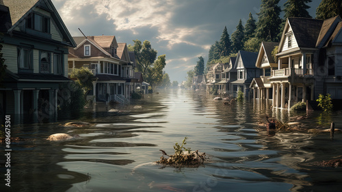 A Surreal Symphony of Floodwaters Submerging Homes and Buildings in a Watery Deluge photo