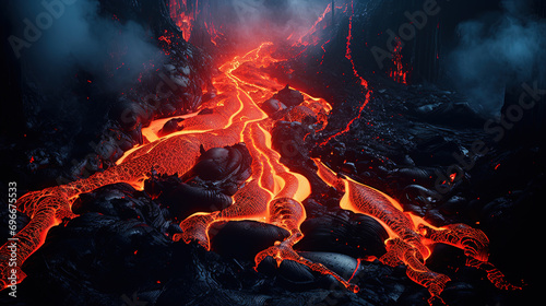 Majestic Mountains Awaken as Volcanic Explodes, Cascade of Molten Lava Flowing Down