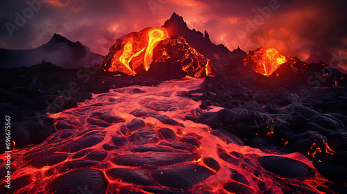 Majestic Mountains Awaken as Volcanic Explodes, Cascade of Molten Lava Flowing Down