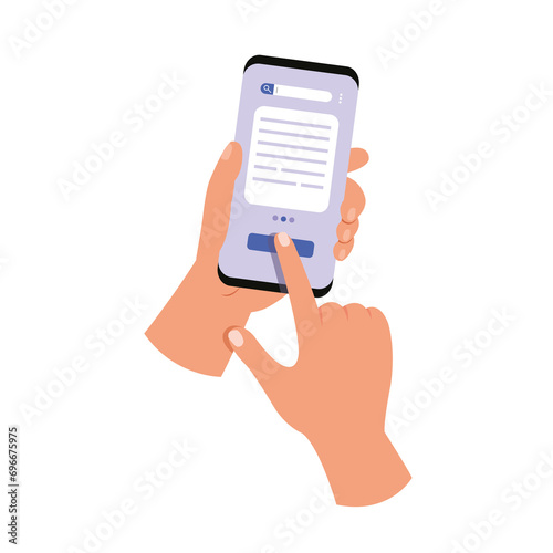 Hand holding a phone with touches the screen. Touching screen with finger. Vector illustration.