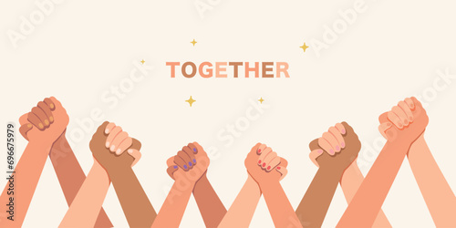 Holding hands together banner, hands holding each other strongly, hand in hand concept.
