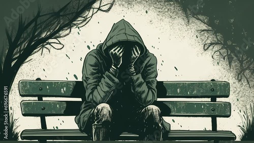 animation of a man sitting on park bench and covering his face with hands. he is depressed and sad. mental health concept. photo