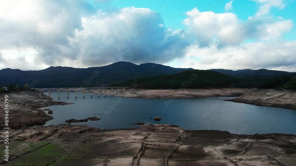Aceredo ghost village emerges from cracked earth, drought in Galicia Aerial View Aceredo ghost village emerges from cracked earth, drought in Galicia Aerial View