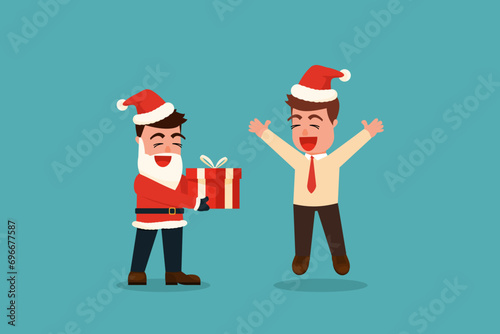 business boss dressed as Santa Claus gives a gift box to a male businessman on Christmas Day. Office holiday celebration concept. Boss surprises employees during the festival day. Vector illustration
