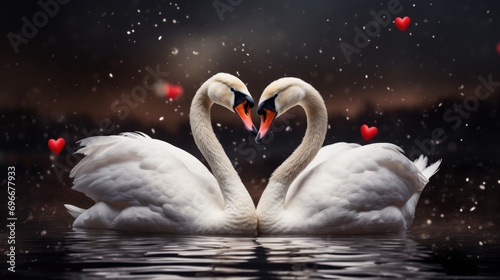 Couple of white swans and red hearts for valentine's day concept.