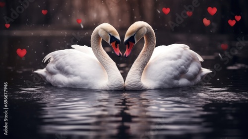 Couple of white swans and red hearts for valentine's day concept.