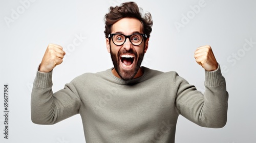 Handsome man with beard wearing casual sweater and glasses very happy and excited doing winner gesture with arms raised over white background. photo