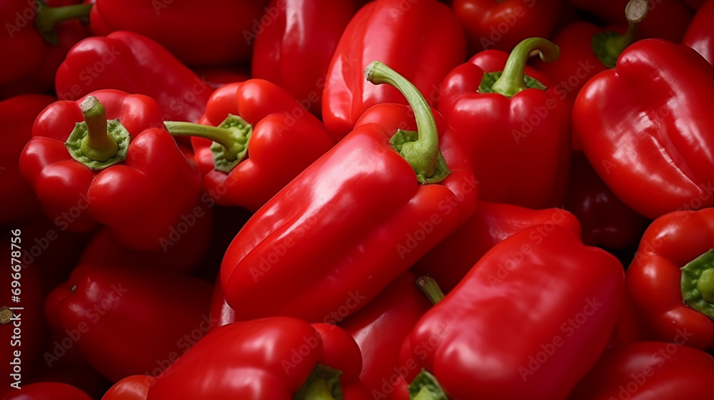 Red bell peppers on a counter in the supermarket. large number of red peppers. Generative AI Red bell peppers on a counter in the supermarket. large number of red peppers. Generative AI