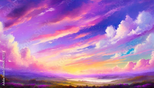 Beautiful landscape background sky clouds sunset, oil painting view wallpaper landscape light colours purple anime style magic and colorful.