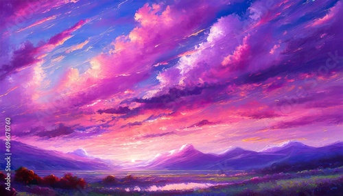 Beautiful landscape background sky clouds sunset, oil painting view wallpaper landscape light colours purple anime style magic and colorful.