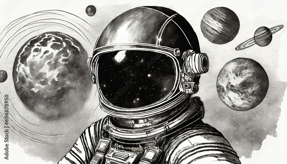 Fototapeta premium A black and white sketch of the astronaut in space with planets.
