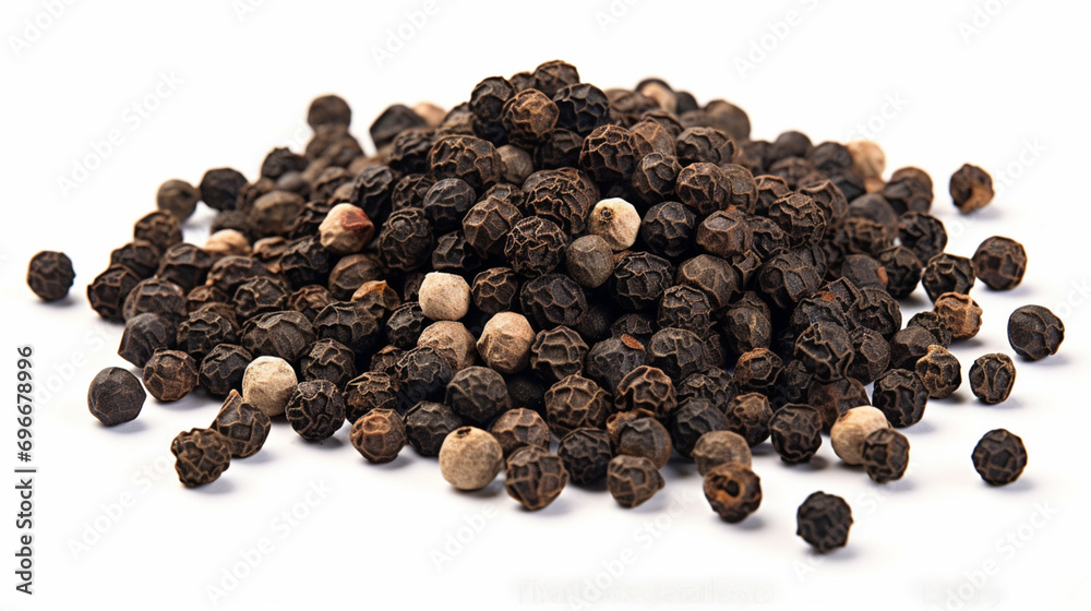 Pile of Black peppercorns (Black pepper) seeds isolated on white background. Generative AI Pile of Black peppercorns (Black pepper) seeds isolated on white background. Generative AI