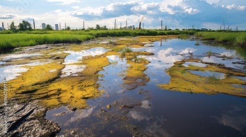 A polluted wetland with oil contamination