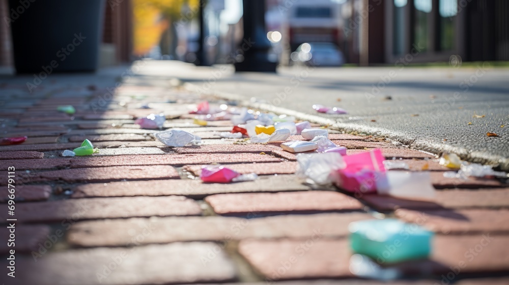 A sidewalk cluttered with discarded chewing gum A sidewalk cluttered with discarded chewing gum