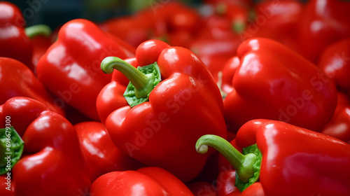 Red bell peppers on a counter in the supermarket. large number of red peppers. Generative AI