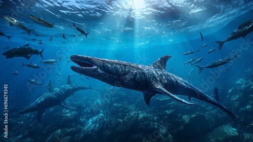 An ancient ocean filled with marine reptiles like Plesiosaurs photo