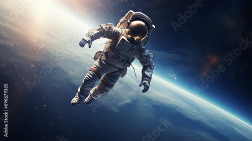 Astronaut floating in the air above the earth
