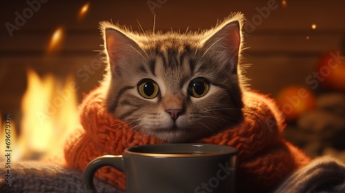 Cute cat lying on cozy blanket at fireplace close up, autumn hygge. Adorable tabby kitty relaxing at fireplace on background of owner in warm sweater with cup of tea in rustic farmhouse. .