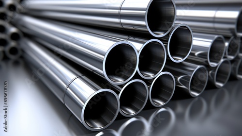 Stack of stainless steel pipe. Industry concept photo