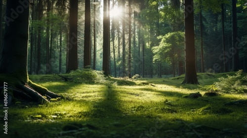 A tranquil forest glade with sunlight streaming through the trees offers subtle copy space for Independence Day