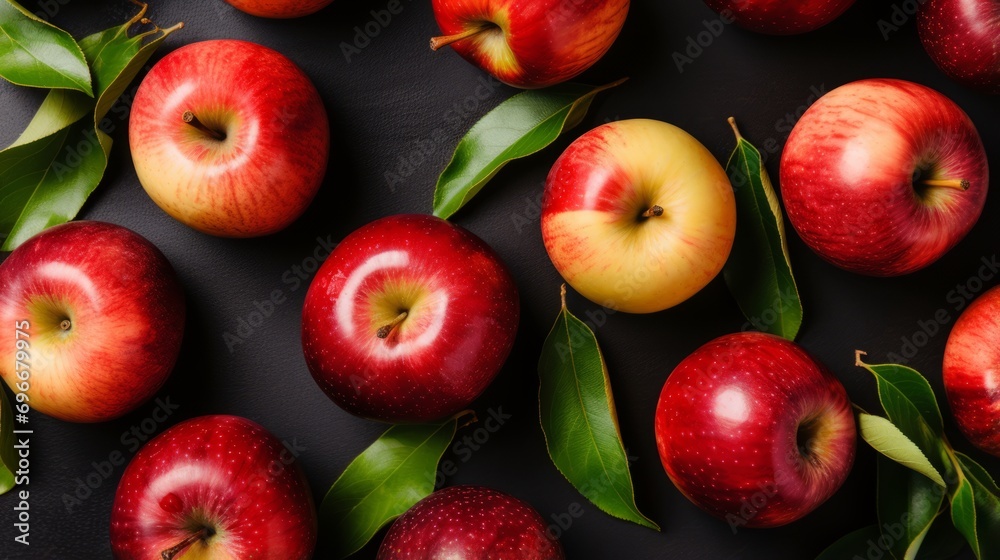 Vibrant display of red apples with green leaves Vibrant display of red apples with green leaves
