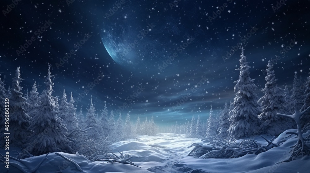 Fairy forest covered with snow in a moon light. Milky way in a starry sky. Christmas and New Year winter night. . Fairy forest covered with snow in a moon light. Milky way in a starry sky. Christmas and New Year winter night. .