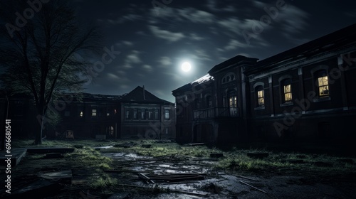 Creepy abandoned school with broken windows and moonlit skies photo