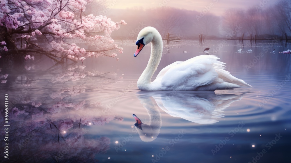 Fototapeta premium Ethereal Swan glides upon a mirror like enchanted lake