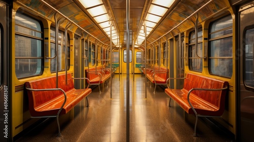 interior of a train with orange seats in a yellow and brown