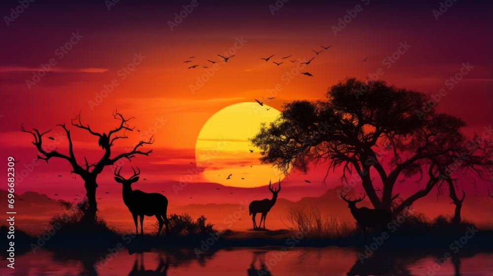 Silhouetted wildlife against a backdrop of intense sunset colors