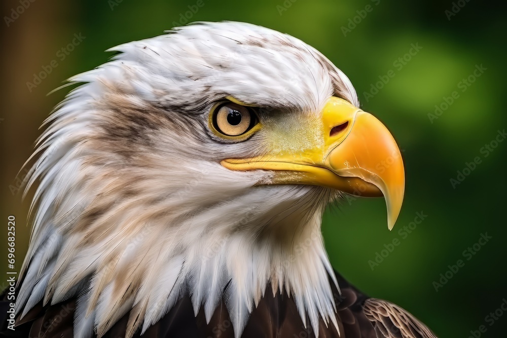 Majestic Close-Up of Bald Eagle Against Vibrant Green Background Majestic Close-Up of Bald Eagle Against Vibrant Green Background