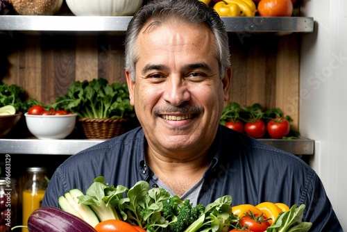 A hispanic man holding a full of vegetables fresh from farms in produce shelves smiling wide happy enjoying a healthy life