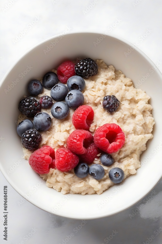 Bowl with tasty oatmeal and berries on light background. Healthy breakfast, Top view. Bowl with tasty oatmeal and berries on light background. Healthy breakfast, Top view.