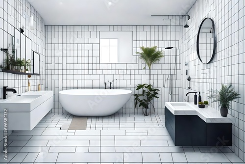 interior of modern bathroom with white tiled walls.