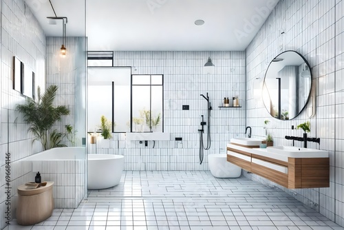   interior of modern bathroom with white tiled walls.
